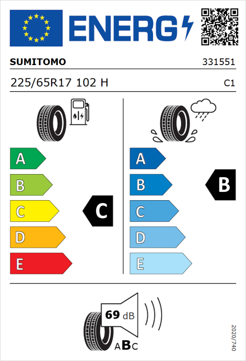 Tyre Label for Sumitomo BC100 225/65R17 102H