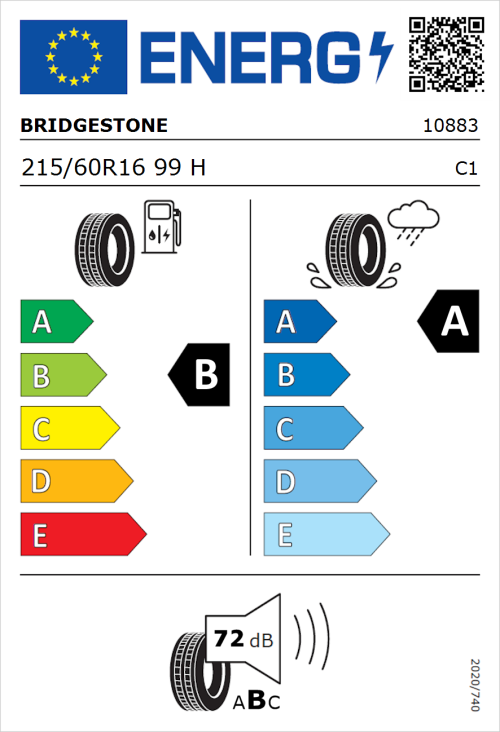 Tyre Label for Bridgestone Turanza T005 215/60R16 99H