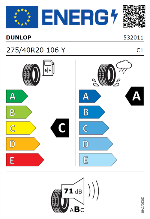 Tyre Label for Dunlop SP SportMaxx RT 275/40R20 106Y
