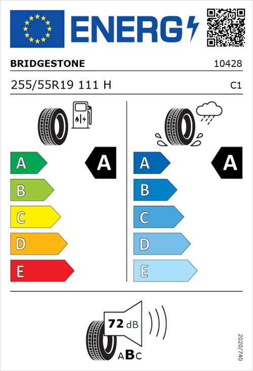 Tyre Label for Bridgestone Alenza 001 255/55R19 111H