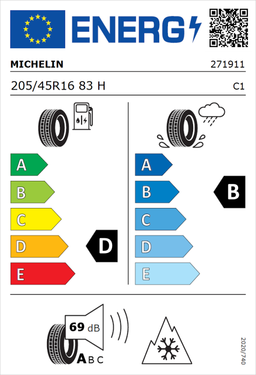 Tyre Label for Michelin CrossClimate 2 205/45R16 83H
