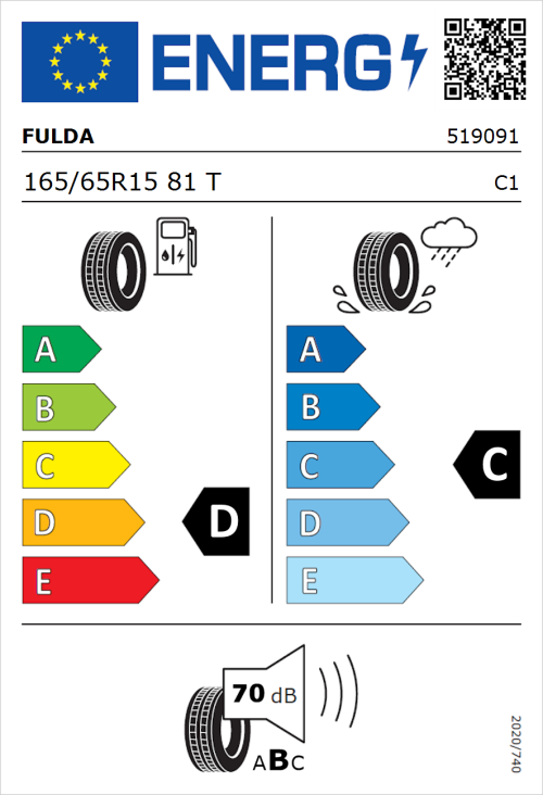 Tyre Label for Fulda EcoControl 165/65R15 81T