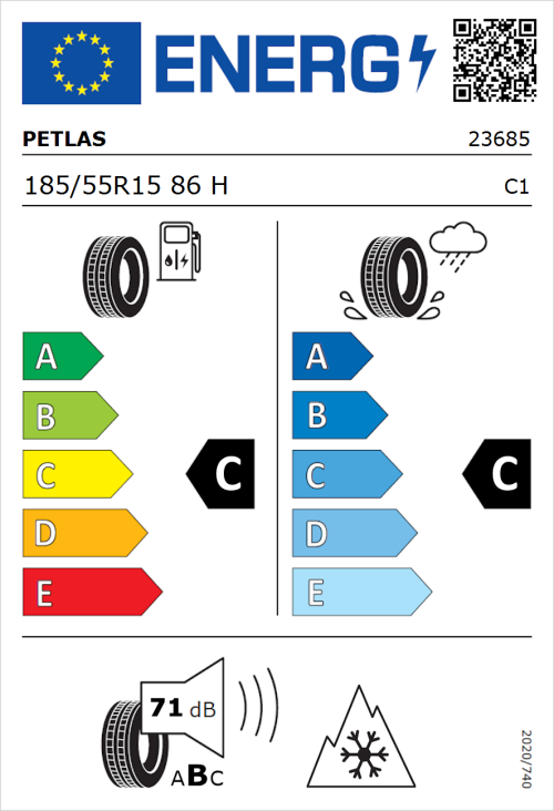 Tyre Label for Petlas Multi Action PT565 185/55R15 86H