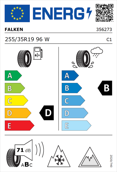 Tyre Label for Falken Euroall Season AS220 PRO 255/35R19 96W