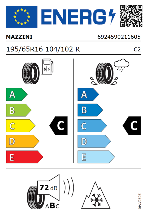 Tyre Label for Mazzini Effivan 195/65R16 104/102R