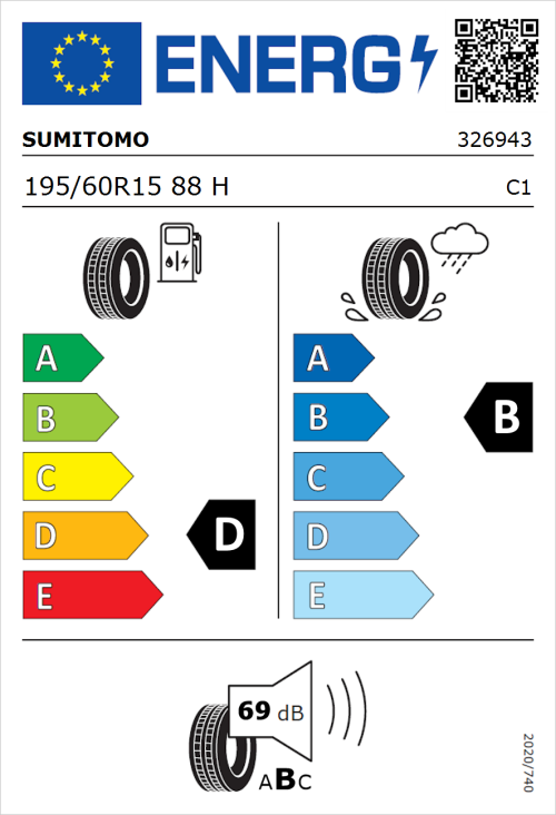 Tyre Label for Sumitomo BC100 195/60R15 88H